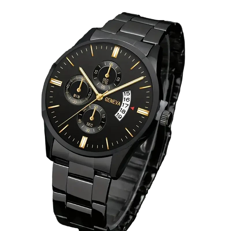 Men's Quartz Watch with Black Dial & Golden Accents - Stainless Steel Strap