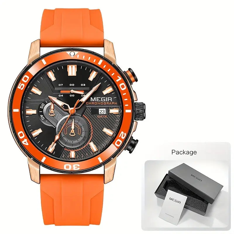 Men's Orange Sport Watch, Casual Style, Silicone Strap