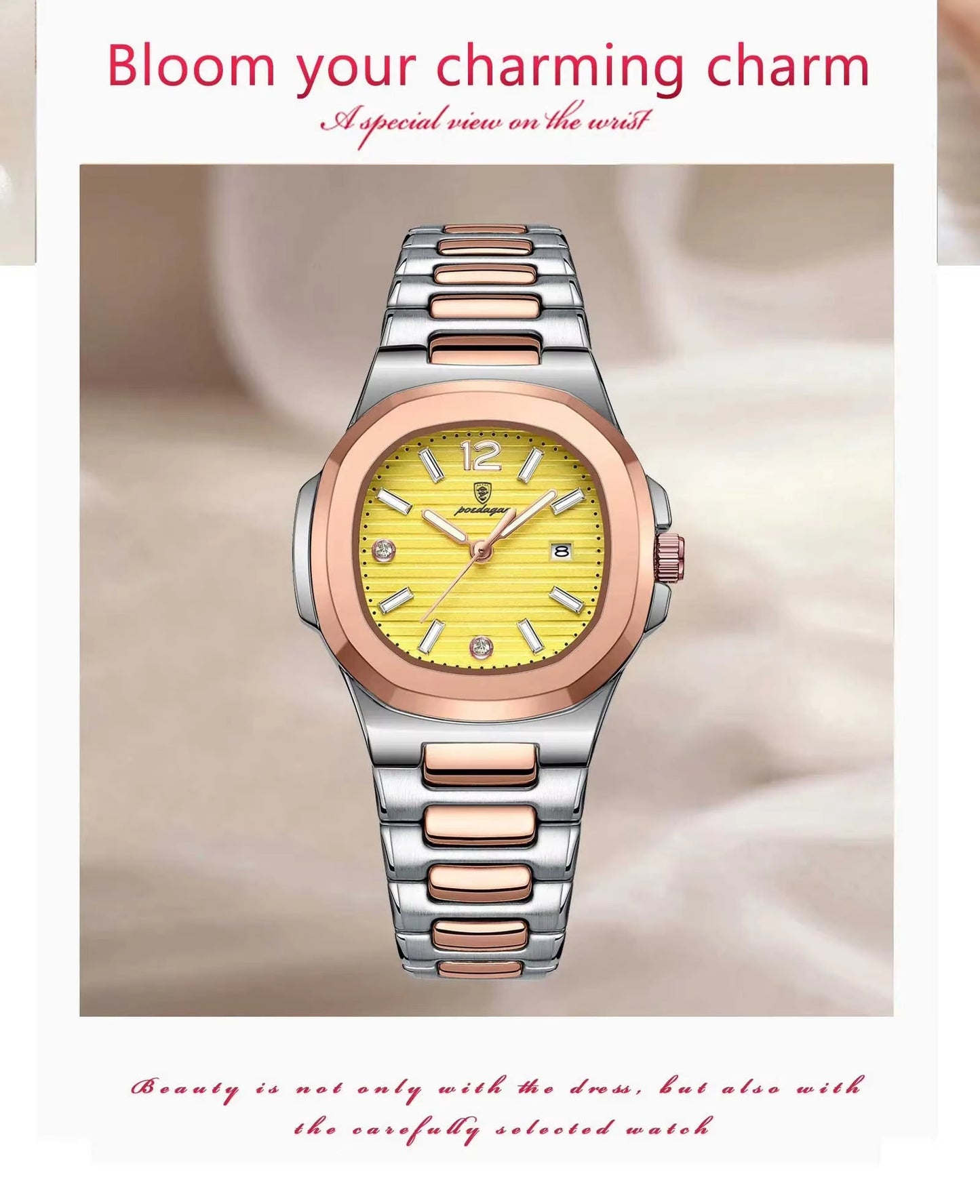 ZeeZaz -Elegant Women’s Stainless Steel Watch – Golden Dial Luxury Edition