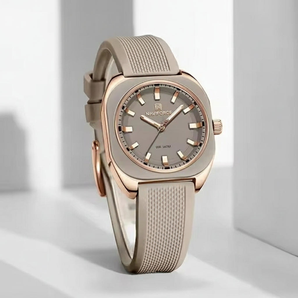 ZeeZaz - Luxury Women’s Silicone Strap Watch – Rose Gold & Beige Edition