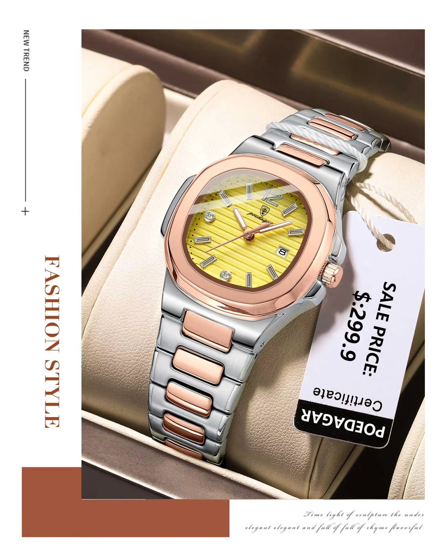 ZeeZaz -Elegant Women’s Stainless Steel Watch – Golden Dial Luxury Edition