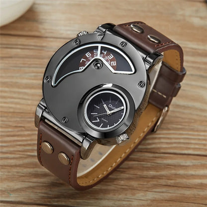 Zeezaz Antique Brand Watches Men Army Military Dual Time Zone Men's Leather.