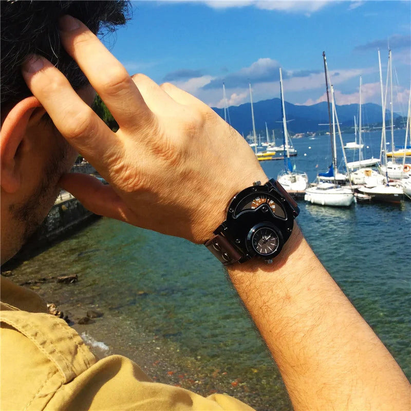 Zeezaz Antique Brand Watches Men Army Military Dual Time Zone Men's Leather.