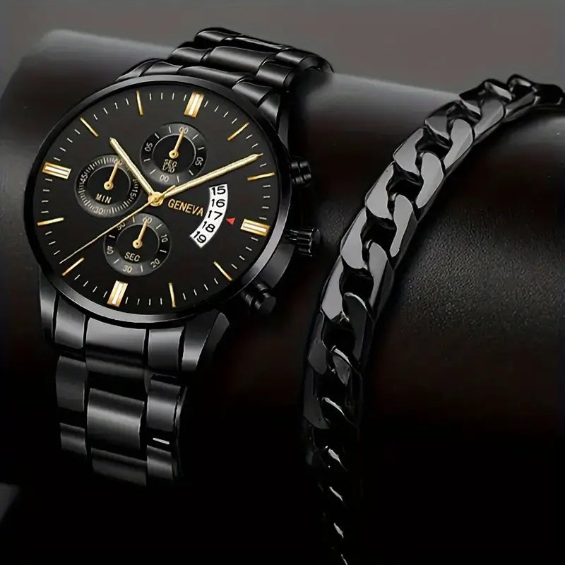 Men's Quartz Watch with Black Dial & Golden Accents - Stainless Steel Strap