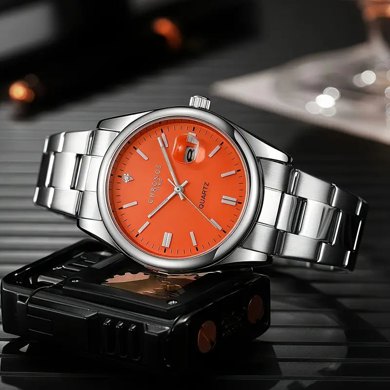 Classic Orange Dial Men’s Stainless Steel Watch