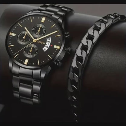 Men's Quartz Watch with Black Dial & Golden Accents - Stainless Steel Strap